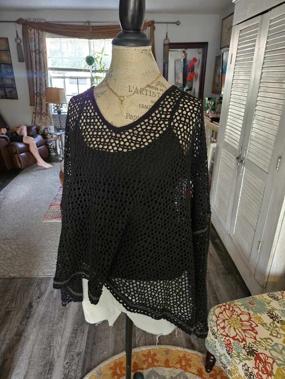 NWT Free People Open Crochet Sweater Top Black Size Medium